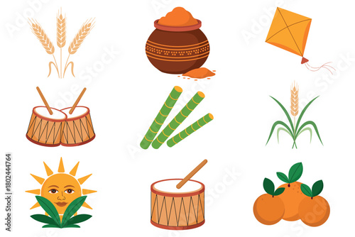 Various cultural elements are presented in a grid, including wheat, a pot of powder, a kite, drums, sugarcane, a sun with a face, and oranges.