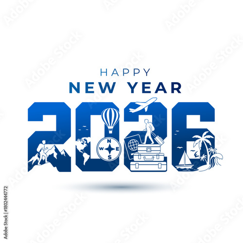 Happy new year 2026 card design and  joyful, amazing journeys, tour and travel vector illustration.