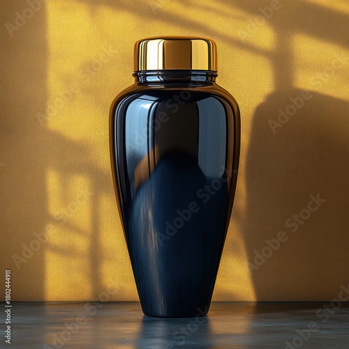 A black vase with a gold lid rests on a sunlit wall, exuding calmness