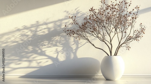 Bare branches in a white vase create stunning shadows on a sunlit wall indoors