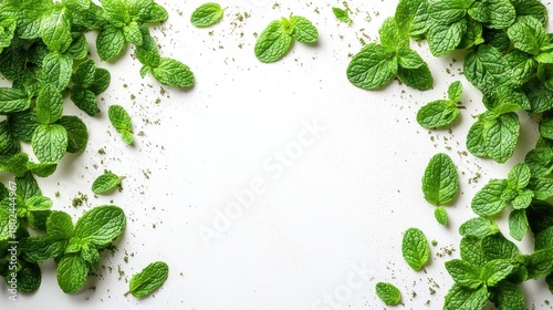 Lush green mint leaves spread out on a white background, perfect for cooking or crafting