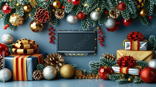 Colorful Christmas gifts and ornaments brighten a decorated TV screen