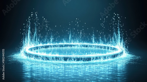 A stunning water feature splashes bright blue in a dimly lit setting, captivating all