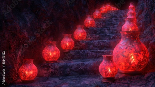 A staircase is lined with pots glowing red, leading into a mysterious underground world