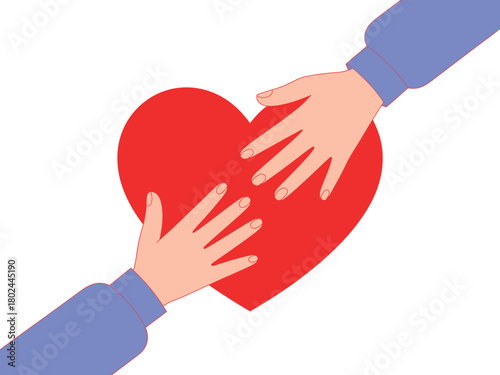 Two hands reach out to touch a large red heart on a white background, symbolizing care.