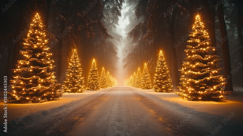 Fototapeta premium A serene snowy path leads through a dark forest, illuminated by shining Christmas trees