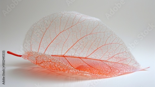 A beautiful leaf displays intricate veins decorated with water droplets, glowing softly