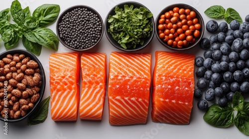 Vibrant mix of fresh salmon, blueberries, herbs, and nuts, ready to enjoy!