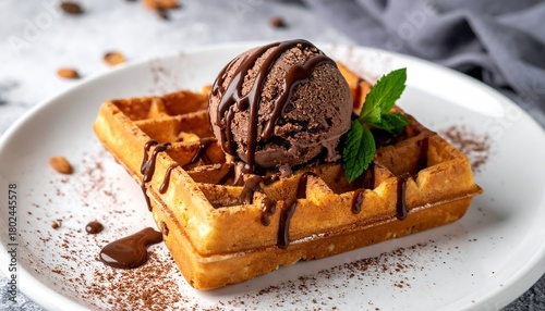 Delicious Waffles with Chocolate Ice Cream and Syrup Drizzle.