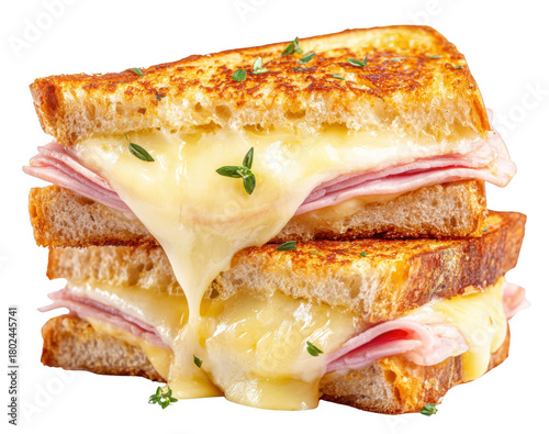 Classic French croque monsieur sandwich with melted cheese and ham, styled food photo, isolated on transparent background, gourmet breakfast concept, sharp detail