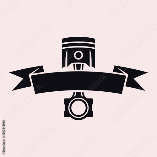 Black piston and connecting rod with banner on pale pink background engine motor