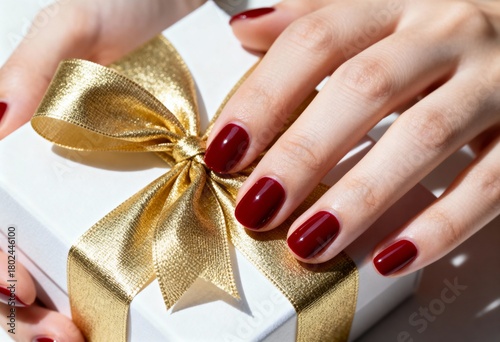 Festive red Christmas manicure on a woman's hands holding a gift box. Winter nail design idea with a gold ribbon