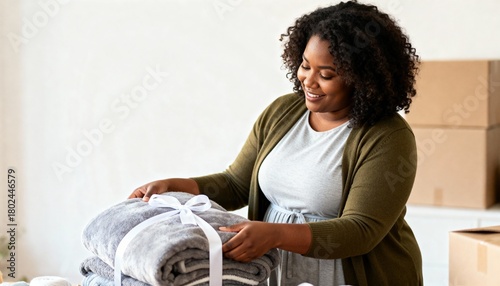 Happy Black woman organizing a stack of grey towels tied with a ribbon. Plus-size person packing boxes for a move to a new home. New beginnings and domestic lifestyle concept