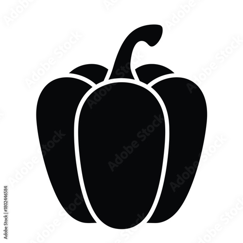 A bold black silhouette of a bell pepper, isolated on, showcases its distinctive shape and smooth curves, capturing the essence of this versatile vegetable
