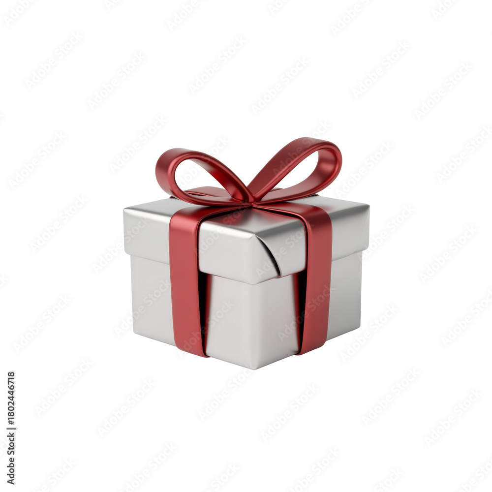 Obraz premium Silver gift box with red ribbon isolated on transparent background