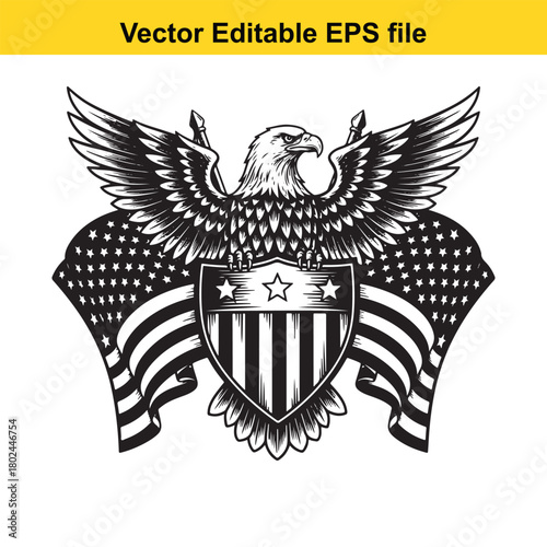 American bald eagle with outstretched wings and shield on, vector illustration