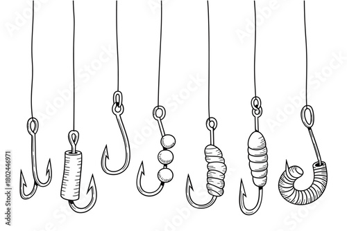 Collection of various fishing hooks with bait illustrations