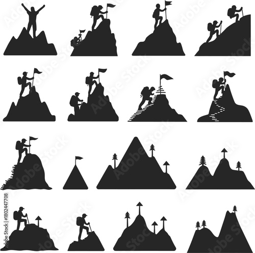Climbing mountain summit icon set