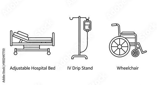 Simple line drawing depicting a hospital bed iv stand and wheelchair