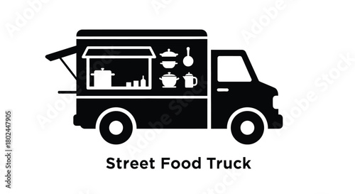 A black and white illustration of a food truck with cooking utensils displayed