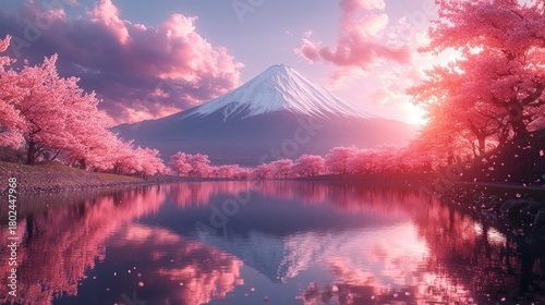 Cherry blossom trees surround a calm lake under a colorful sky at sunset