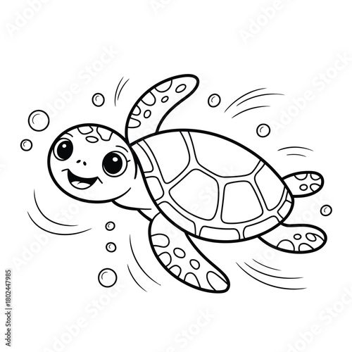 A charming cartoon sea turtle swims happily, its shell adorned with delightful patterns, isolated on bubbles float around this adorable creature