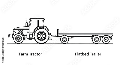 Simple line drawing of a farm tractor pulling a flatbed trailer