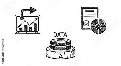 Hand drawn data management icons: analytics and file storage