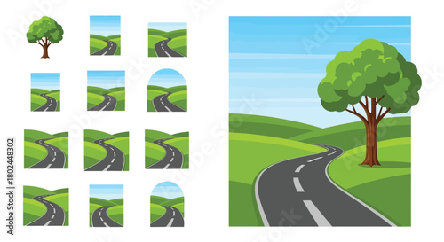 Cartoon landscape elements featuring roads trees and rolling hills displayed as tiles