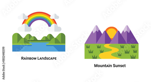 Colorful cartoon landscapes featuring rainbows mountains sun and picturesque scenery