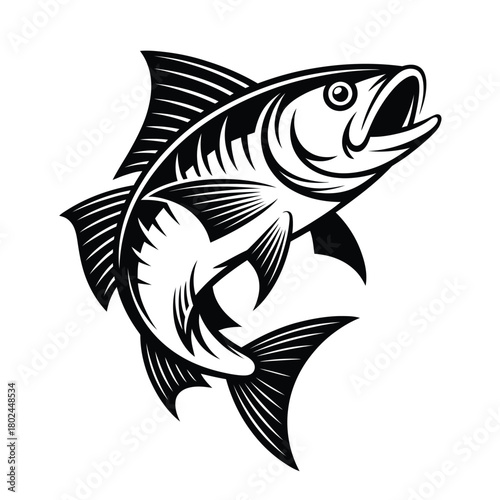 Illustration of a jumping fish isolated on, showcasing its sleek body and open mouth, perfect for fishing or aquaticthemed designs