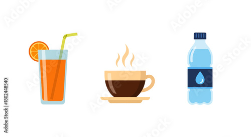 Refreshing beverages set: orange juice, hot coffee, and water bottle