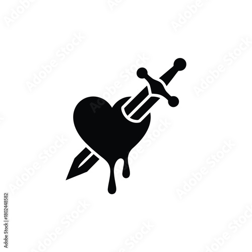 Black silhouette of a sword piercing a bleeding heart