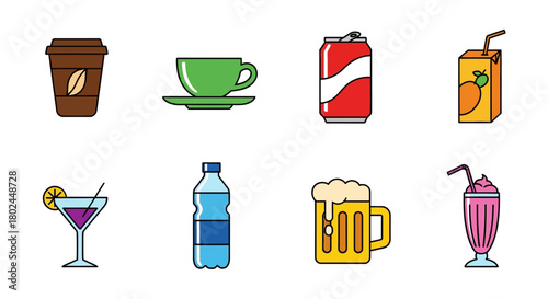 Colorful beverage icons in minimalist style - coffee, tea, soda, juice, cocktail, water, beer, milkshake