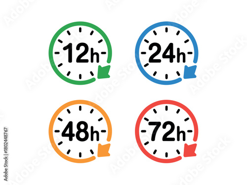 Four colored clock icons represent different time durations: 12 hours, 24 hours, 48 hours, and 72 hours, symbolizing time tracking and scheduling.