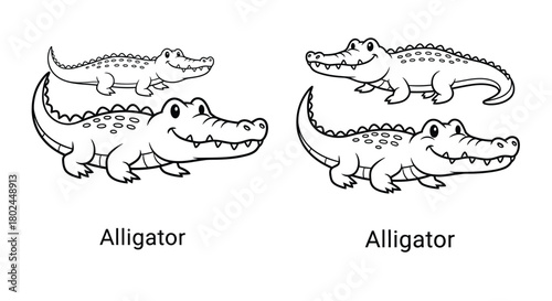 Simple black and white illustration of cartoon alligators in various poses