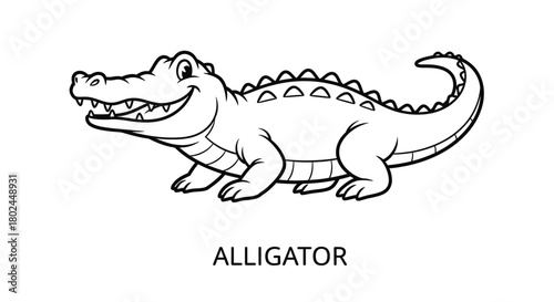 A charming black and white illustration of a smiling alligator