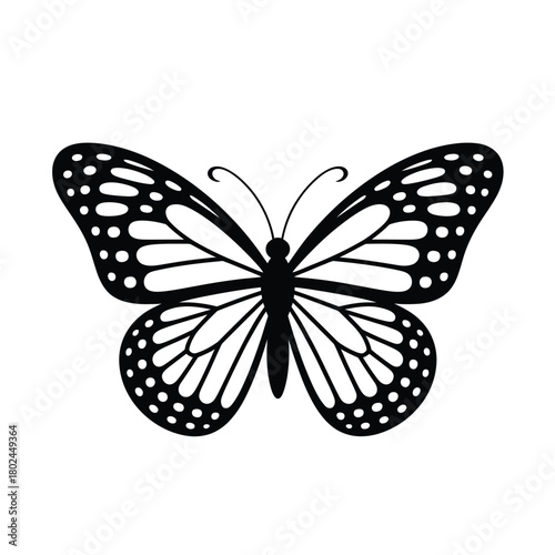 A captivating monarch butterfly illustration, isolated on, showcasing intricate wing patterns and delicate antennae in a minimalist black and white design, perfect for naturethemed projects