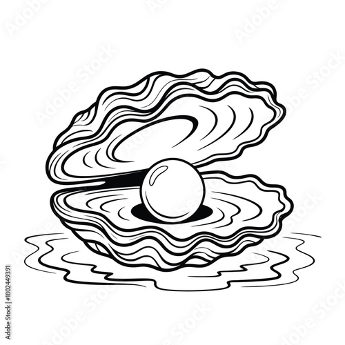 An exquisite oyster illustration, isolated on, revealing a luminous pearl nestled within its shell, captured in a detailed black and white drawing, ideal for marinethemed designs