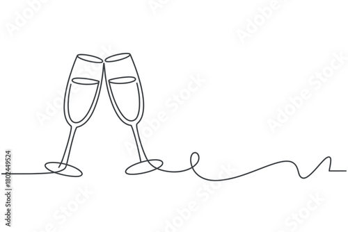 Two champagne flutes are toasting with each other in a minimalist line art style.