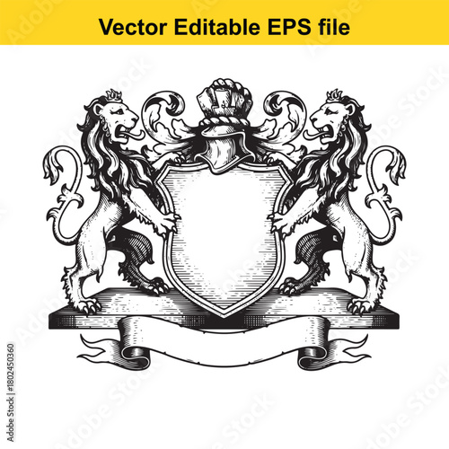 Heraldic crest with two lions rampant supporting a shield and a blank banner below, isolated on