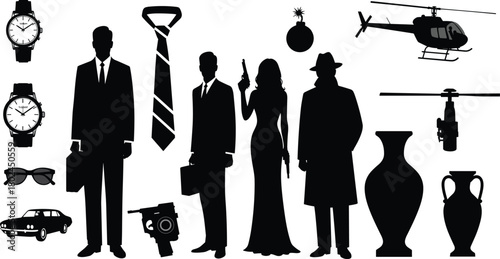 Spy silhouette, detective figure, secret agent, mystery woman, trench coat man, pistol, bomb, helicopter, sunglasses, classic car, espionage, thriller, crime, investigation, mafia, noir, action
