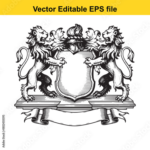 A majestic coat of arms featuring two rampant lions flanking a central shield, with ornate scrollwork and a banner below, isolated on