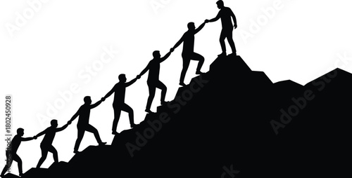 Teamwork silhouette illustration, people climbing mountain vector, leadership support graphic, helping hand concept, success achievement art, cooperation unity, challenge overcoming