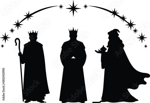 Three Wise Men silhouette, Magi illustration, Star of Bethlehem, nativity scene, Christian tradition, Christmas artwork, religious design, festive holiday vector