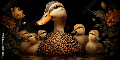 Mallard Duck Pond Floating Ducklings, Horizontal Banner, Animal Art Portrait Illustration