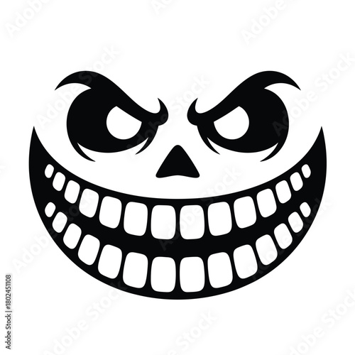 A menacing grin with sharp teeth and piercing eyes stares out, isolated on a symbol of halloween and the darker side of human nature