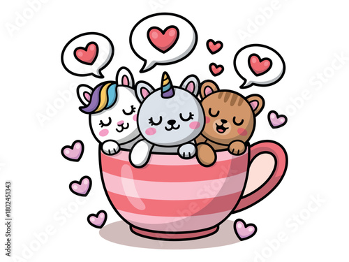 Three adorable cartoon animals, including two unicorns and a bear cub, are nestled together in a pink striped teacup, surrounded by hearts, expressing love and joy.