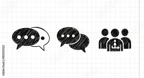 Sketch style communication icons on grid background for business and technology themes