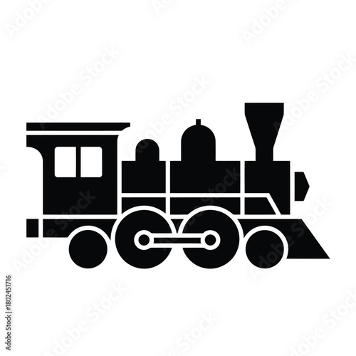 A black and white silhouette of a vintage steam train, capturing its classic design with a prominent smokestack and multiple wheels, isolated on